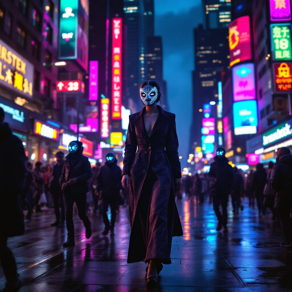 A lone figure in a dark coat wears a mask while walking through a vibrant cityscape filled with neon lights, embodying the quote about societal masks and chosen identities.