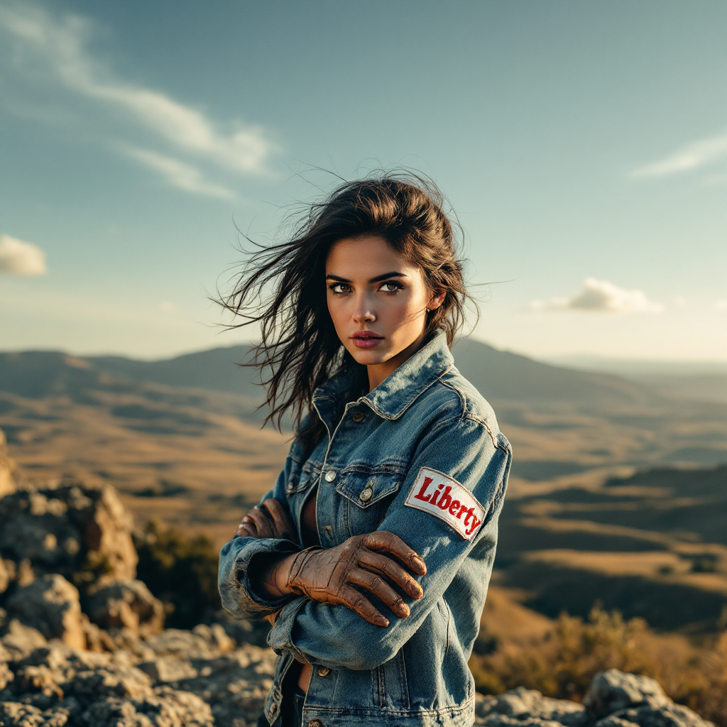 A strong woman in a denim jacket stands confidently on a rocky outcrop, overlooking a vast landscape, embodying the spirit of fighting for freedom against the odds.