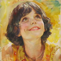 Painting of a girl named Anne Abbott, smiling radiantly amid vibrant, star-shell-like bursts of yellow and orange hues.