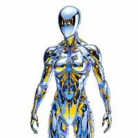 A humanoid figure made of reflective silver material, resembling mercury droplets, showcases intricate internal mechanisms in blue and gold, embodying a high-tech combat uniform.