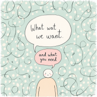 A whimsical illustration features a person surrounded by abstract swirls, with speech bubbles expressing What we want and and what you need, reflecting the contrast between desire and necessity.