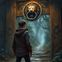 A young boy stands before an ornate gate featuring a lion's head, with a misty forest path winding ahead, illustrating the quote, Every journey begins with a single step through the gate.