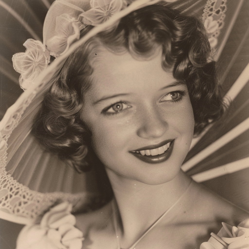 Vintage portrait of a smiling young woman, wearing a hat adorned with flowers, her transformative smile echoing the burst of a star-shell as described in her story.