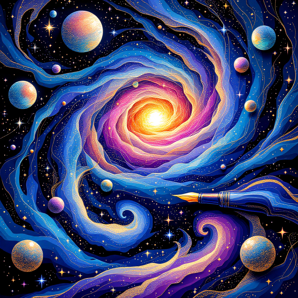 A vibrant cosmic swirl depicts a galaxy with bright hues of blue, purple, and yellow, intertwined with planets, and a fountain pen, illustrating the quote about storytelling as the universe's colors.