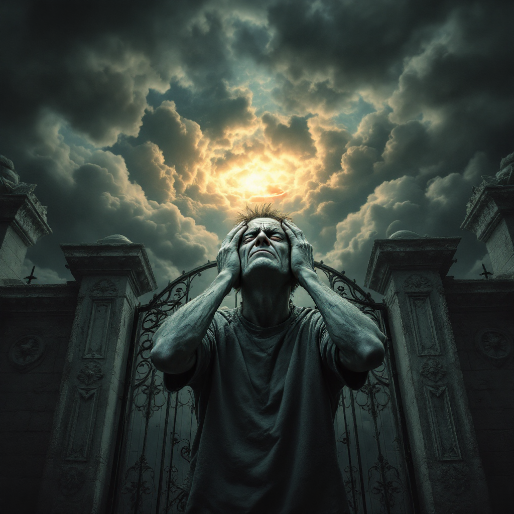 A figure stands at a grand, ominous gate, clutching their head in distress as dark clouds swirl above, echoing the quote about not wanting a headache in heaven.