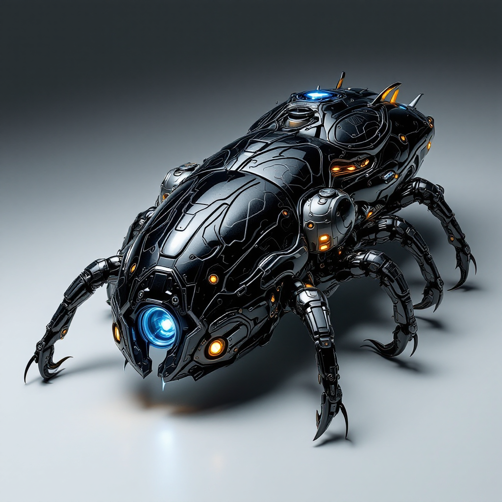 A sleek, black robotic creature with intricate details and glowing blue accents, featuring concealed weapon components emerging from its shell, reminiscent of Jorax’s carapace.