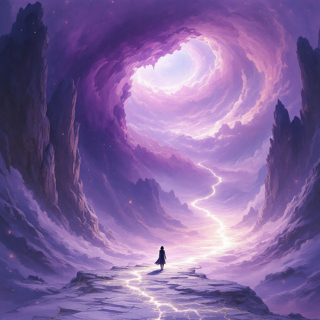 A figure stands on a rocky path leading toward a swirling, purple vortex in the sky, symbolizing the connection between legends and the truth that unites us all.