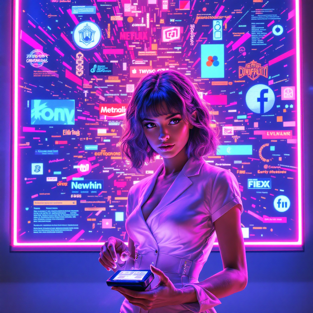 A woman stands confidently in front of a vibrant, digital display filled with logos and streams of information, embodying the notion that clarity is power in a chaotic information landscape.