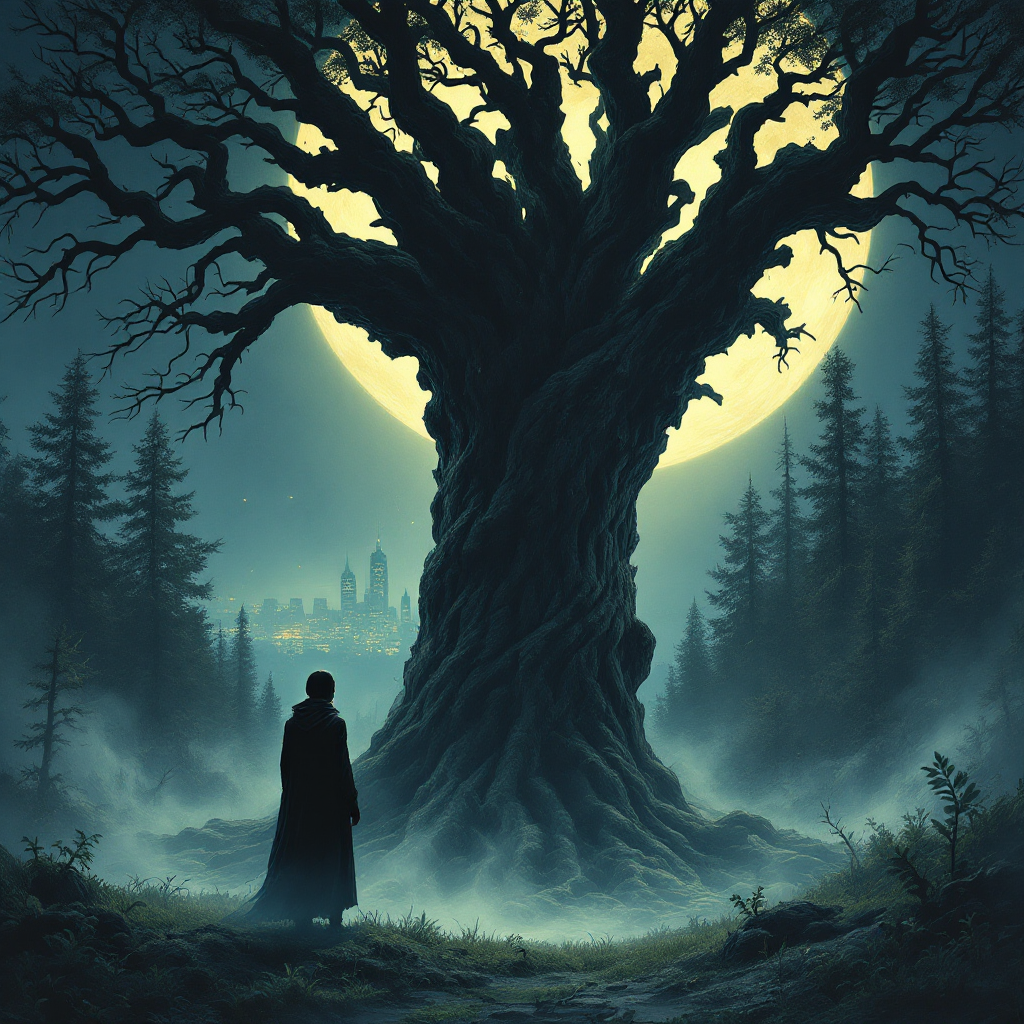 A shadowy figure stands before a massive, gnarled tree under a full moon, surrounded by misty woods, evoking contemplation on the ethical implications of artificial intelligence.