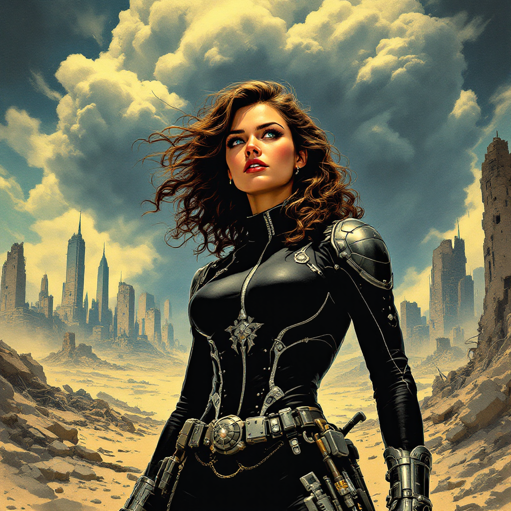 A fierce woman stands confidently in a desolate landscape, her powerful stance and determined expression embodying strength in adversity, with dark clouds looming in the background.