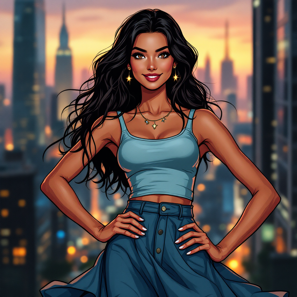 An illustrated woman stands confidently against a city skyline at sunset, embodying the quote about presenting oneself as one wishes to be seen, with a stylish outfit and radiant expression.