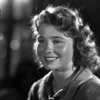Black and white portrait of a young woman with curly hair, beaming a transformative smile reminiscent of a star-shell's burst.