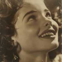 Black and white image of a young woman with curly hair, smiling radiantly and looking upward, reminiscent of Anne Abbott's transformative smile described in literature.