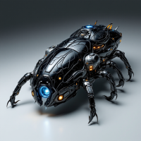 A sleek, black robotic creature with intricate details and glowing blue accents, featuring concealed weapon components emerging from its shell, reminiscent of Jorax’s carapace.