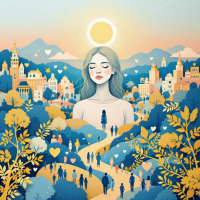 A serene illustration depicting a woman with a peaceful expression, surrounded by a vibrant landscape of trees, hearts, and a community, embodying the balance between individual and collective life.