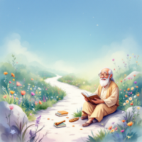 An elderly man reads a book while seated on a rock amid a vibrant, blooming landscape, capturing the essence of meaningful connections over scientific pursuits.