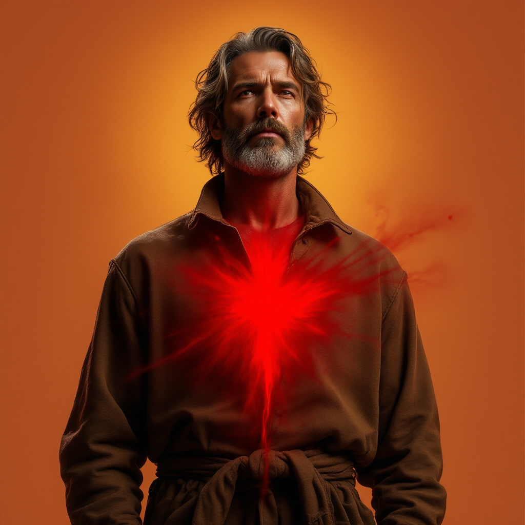 A contemplative man with flowing hair and a beard stands against a glowing orange background, showcasing a radiant red heart at his chest, embodying the quote, Man is what he believes.