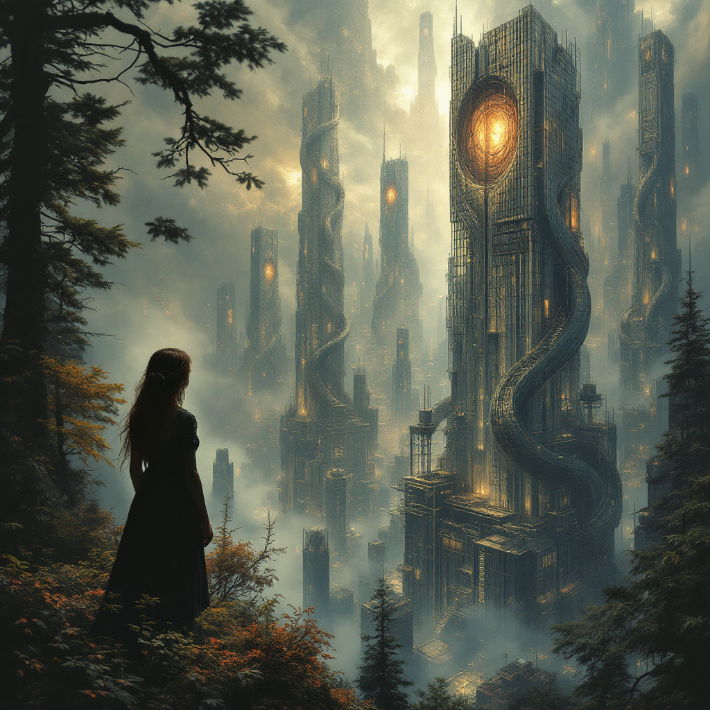 A figure in a black dress stands amidst a misty forest, gazing at towering, intricate structures glowing with golden light, symbolizing the hidden complexities of reality.