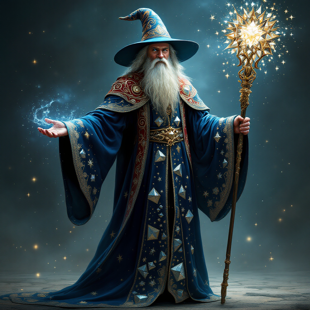 A majestic wizard in a blue robe adorned with stars and intricate designs holds a glowing staff, surrounded by a sparkling aura, embodying the quote, “You’re a wizard, Harry.”