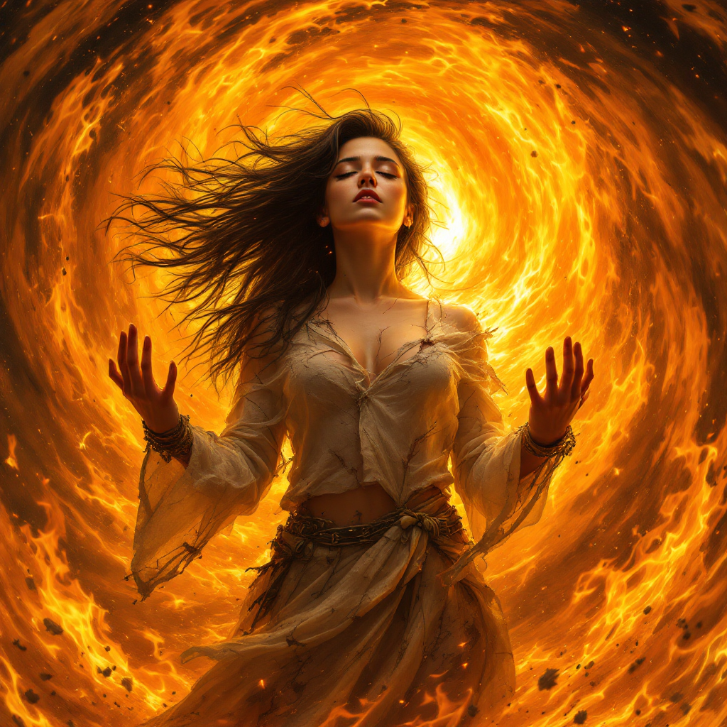 A fierce girl stands with outstretched arms amidst a swirling vortex of flames, embodying the spirit of the girl who was on fire with determination and strength.