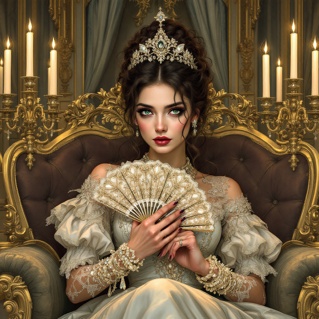 A regal woman in an opulent gown and tiara sits on a luxurious throne, holding a decorative fan, embodying the juxtaposition of wealth and inner corruption from the quote's theme.