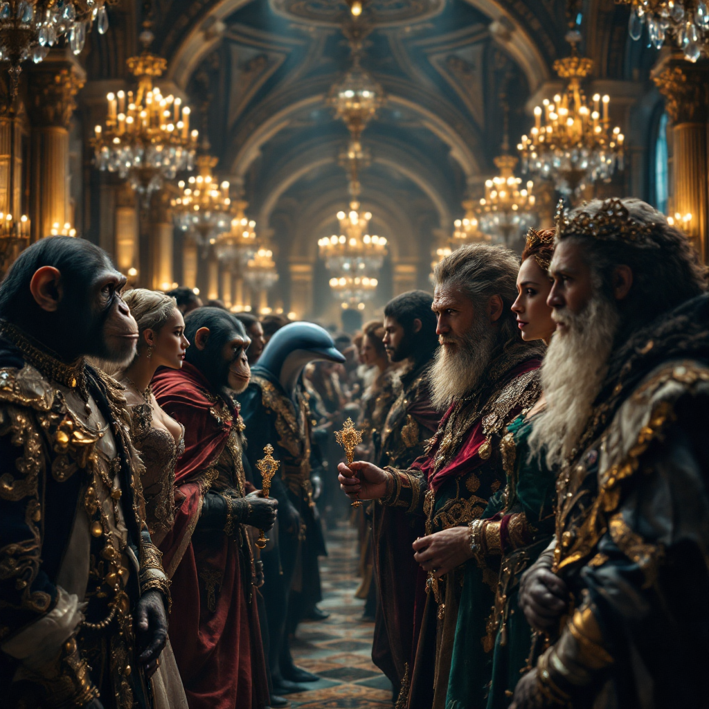 A grand hall filled with elegantly dressed figures resembling anthropomorphic apes and humans, engaged in a serious dialogue, highlighting the theme of cooperative intelligence.