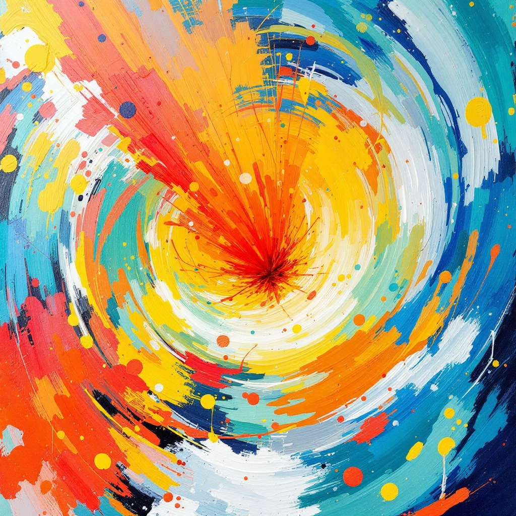 A vibrant swirl of colors—orange, blue, and yellow—creates a lively, dynamic effect, embodying the essence of living in the moment and embracing life's energy as it unfolds.