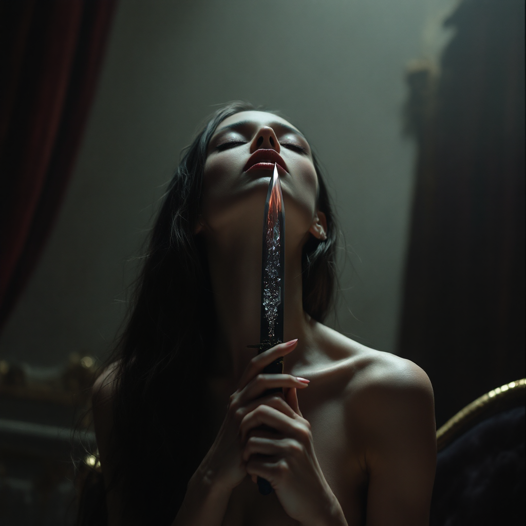 A woman with dark hair holds a glistening blade gently against her lips, embodying the essence of the quote, Love is a sharp blade, in a moody, dramatic setting.