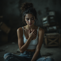 A young woman in a simple white tank top sits thoughtfully on the floor, her hand resting on her chest, surrounded by a dimly lit, cluttered space that reflects introspection.