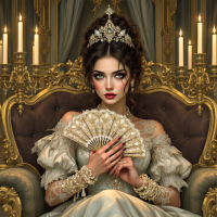 A regal woman in an opulent gown and tiara sits on a luxurious throne, holding a decorative fan, embodying the juxtaposition of wealth and inner corruption from the quote's theme.