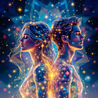 A cosmic illustration of a woman and man facing away from each other, their bodies glowing with starlight and geometric patterns, embodying the essence of dreams and the universe.