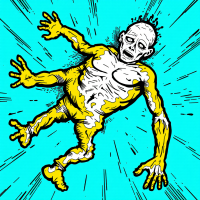 A grotesque, yellow-skinned figure floats against a vibrant blue background, embodying the quote, What is a man without spirits? A corps, suggesting a lifeless state.