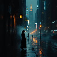 A shadowy figure in a trench coat stands on a misty street, illuminated by streetlamps, with skyscrapers and neon lights casting an enigmatic atmosphere of discovery and journey into the unknown.