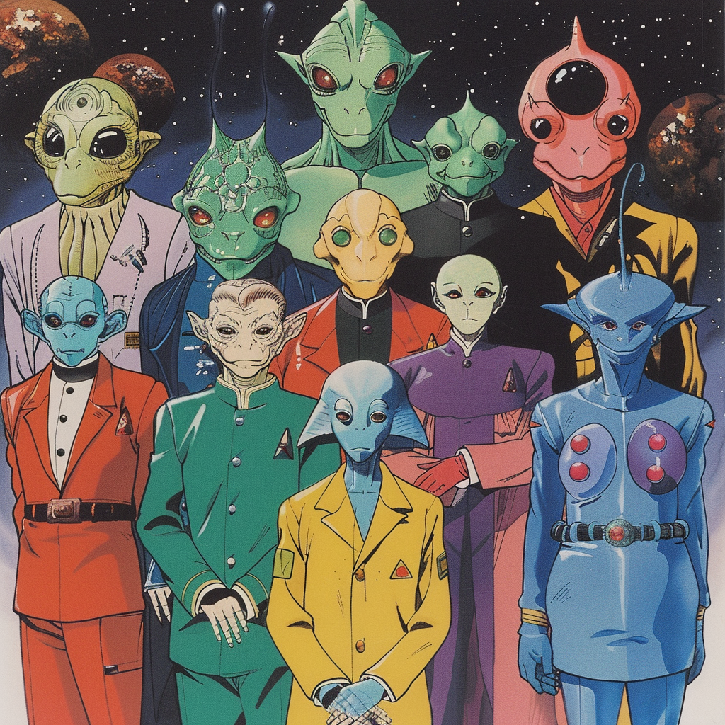 A diverse group of colorful extraterrestrial beings, including reptiloid atomineers, green sylph-like maximegalaticians, octopodic physucturalists, and a refracted blue Hooloovoo in a prism.