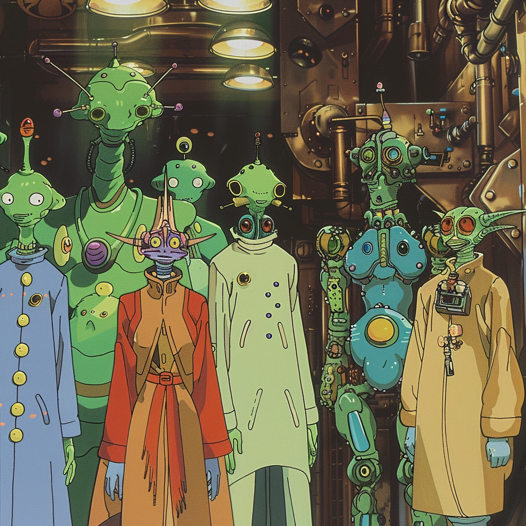 A group of multi-colored lab coat-wearing reptiloid atomineers, green sylph-like maximegalaticians, and octopodic physucturalists gather around a freestanding prism representing the Hooloovoo.