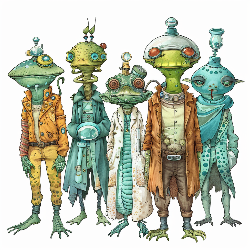 A group of colorful extraterrestrial beings in ceremonial lab coats, including reptiloid atomineers, green sylph-like maximegalaticians, and octopodic physucturalists, with no Hooloovoo visible.