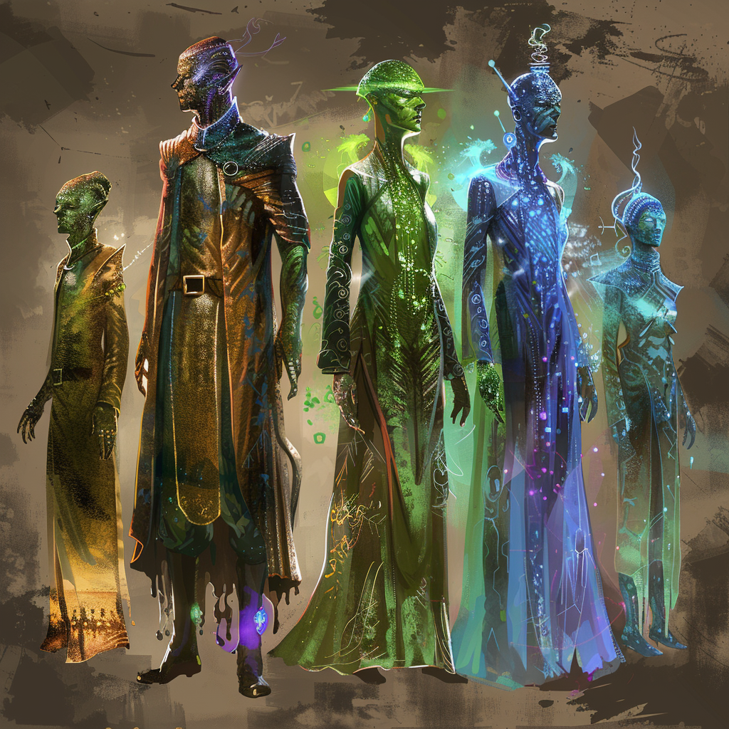 A group of fantastical beings: reptiloid atomineers, green sylph-like maximegalaticians, octopodic physucturalists, and a Hooloovoo refracted into a prism, all in colorful ceremonial lab coats.