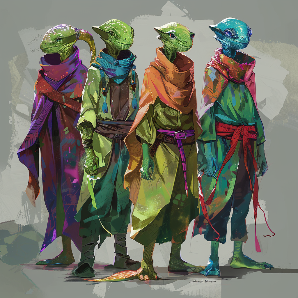 A group of four reptilian figures stand together, each adorned in vibrant, multi-colored ceremonial robes inspired by the book quote describing diverse alien beings.