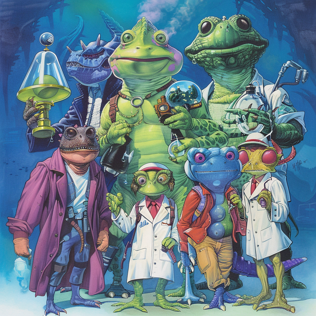 A group of colorful, fantastical creatures in lab coats, including reptiloid atomineers, green sylph-like maximegalaticians, octopodic physucturalists, and a prism refracting a super-intelligent blue Hooloovoo.