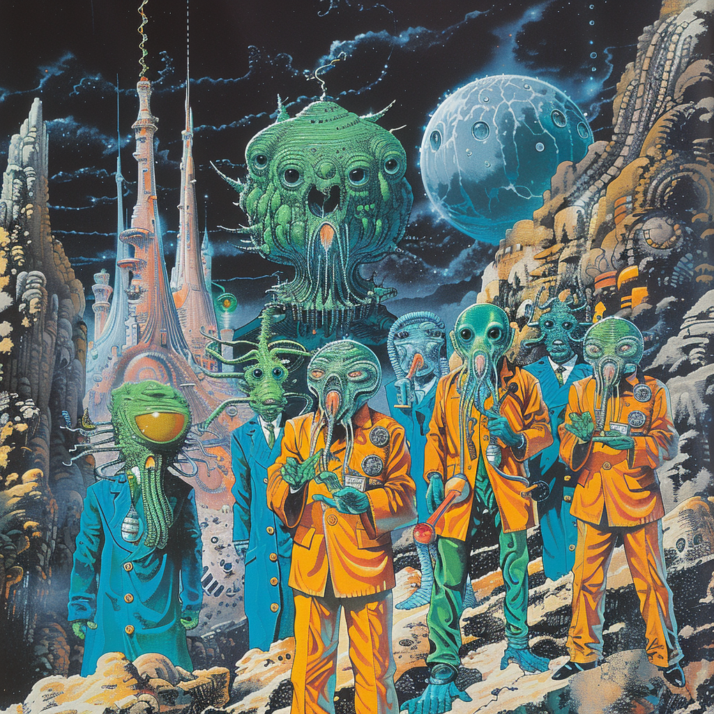 A group of green and blue alien beings stand in an otherworldly landscape, featuring reptiloid atomineers, sylph-like maximegalaticians, octopodic physucturalists, and a Hooloovoo refracted into a prism.