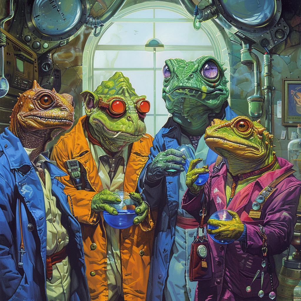 A group of reptiloid atomineers in multi-colored lab coats stands in a laboratory, holding blue liquid. The setting references a description from the book, featuring a Hooloovoo refracted into a prism.