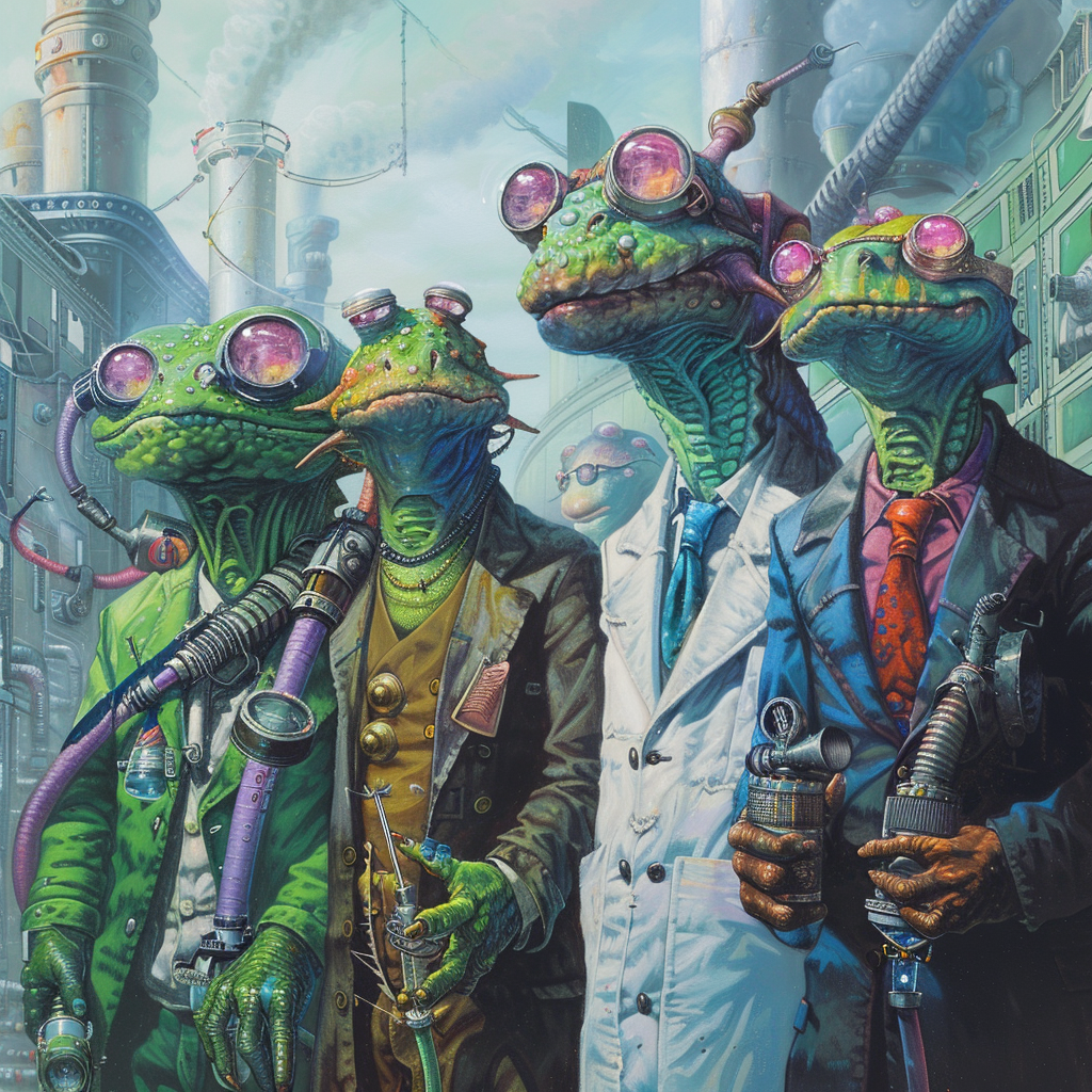 A few reptiloid atomineers and green sylph-like maximegalaticians stand in multi-colored ceremonial lab coats, an octopodic physucturalist is nearby, and a Hooloovoo is refracted into a freestanding prism.