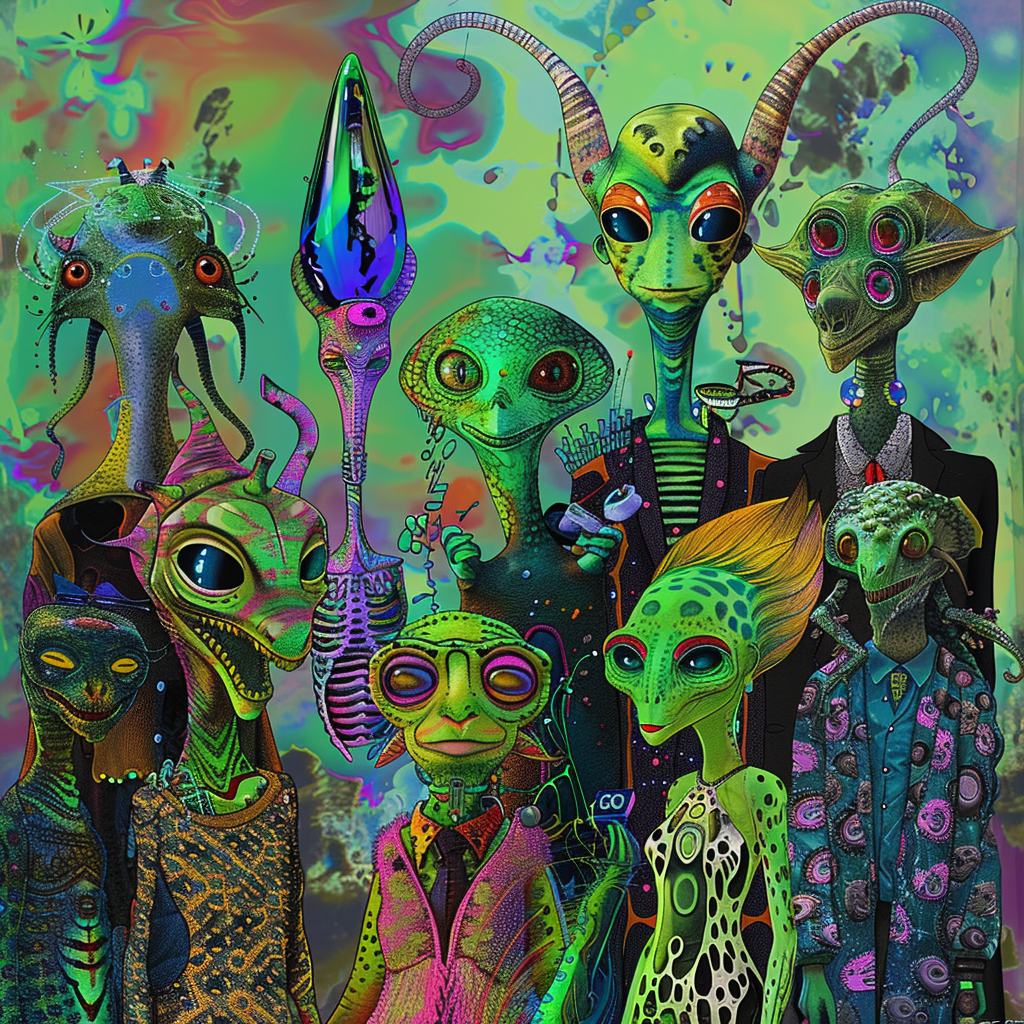 A group of diverse, colorful aliens including reptiloid atomineers, green sylph-like maximegalaticians, octopodic physucturalists, all in vibrant lab coats, and a blue Hooloovoo refracted into a prism.