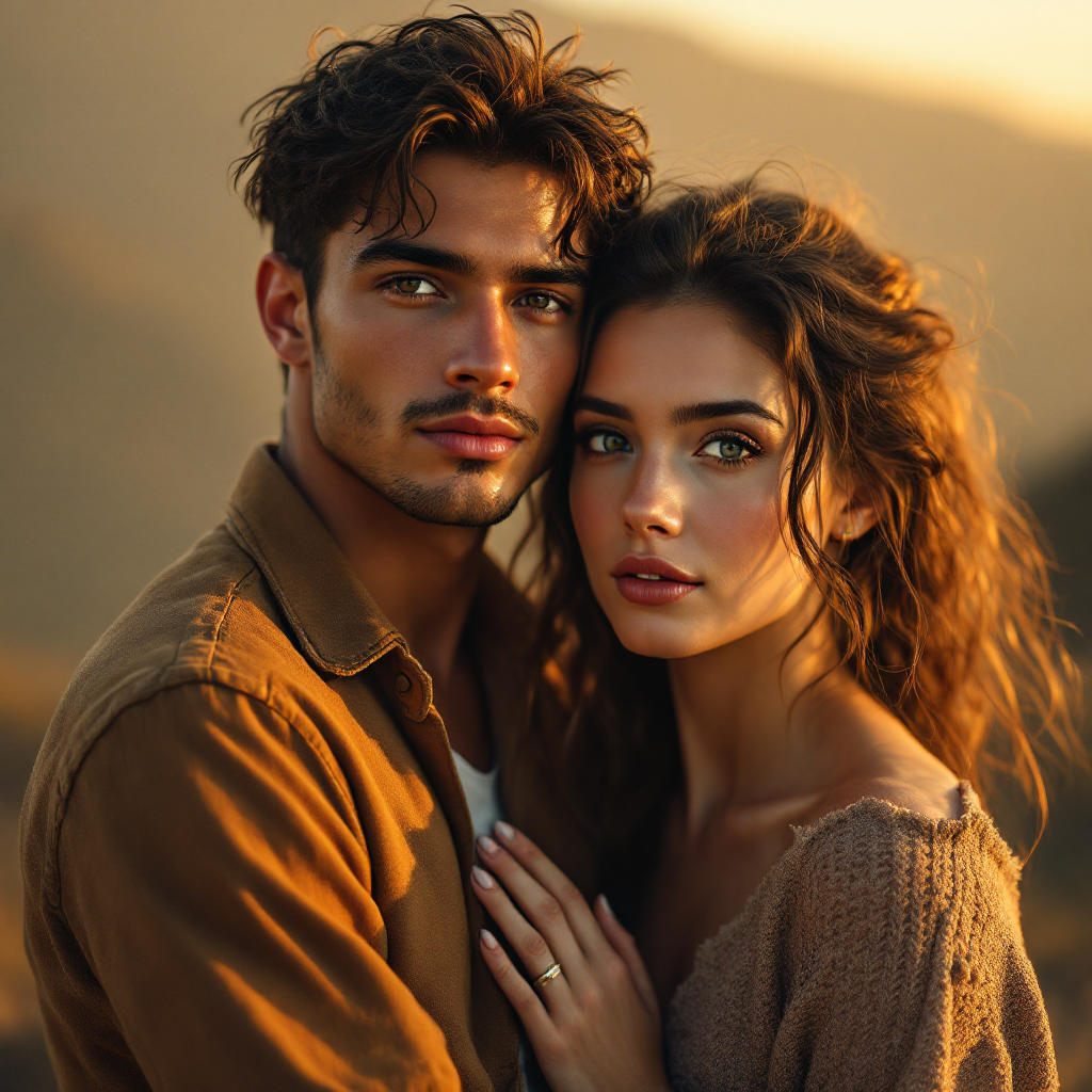 Two young adults embrace against a warm sunset backdrop, radiating contrasting emotions. The golden-haired boy's brightness contrasts with the girl's softer, muted tones.