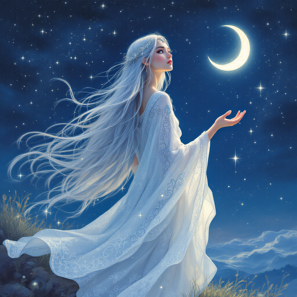 A mystical figure with flowing white hair gazes up at a crescent moon in a starry night sky, embodying the essence of daily heroism through choice and wonder.