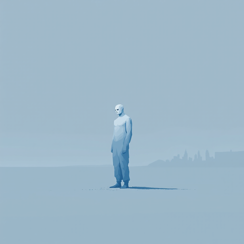 A solitary figure dressed in blue stands on an expansive, quiet landscape under a pale blue sky, embodying the essence of feeling small and vulnerable in isolation.