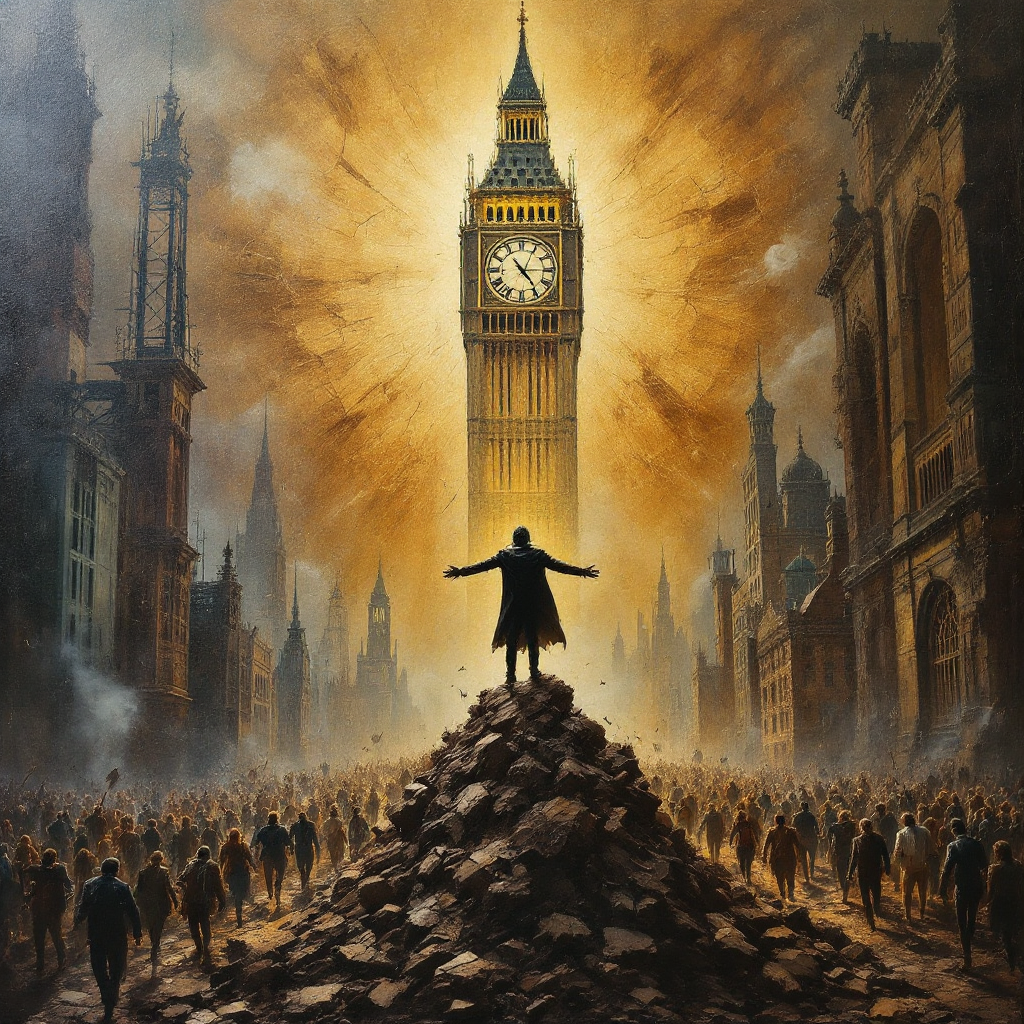 A figure stands atop a rocky mound, arms outstretched, gazing at a towering clock tower surrounded by a chaotic crowd, embodying the turmoil of human hearts and minds.