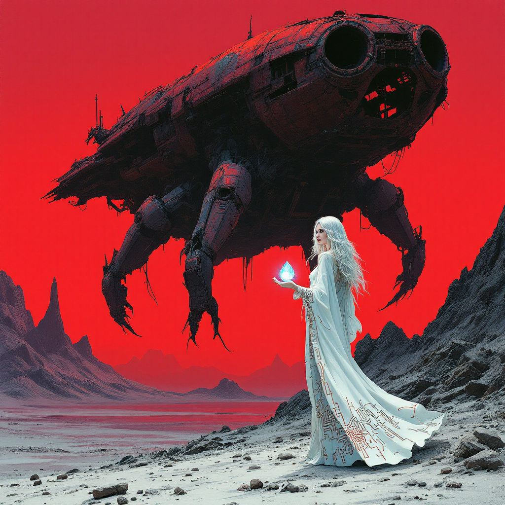 A woman in a flowing white gown stands on a barren landscape, holding a glowing orb, as a massive, rust-colored spaceship hovers dramatically against a fiery red sky.