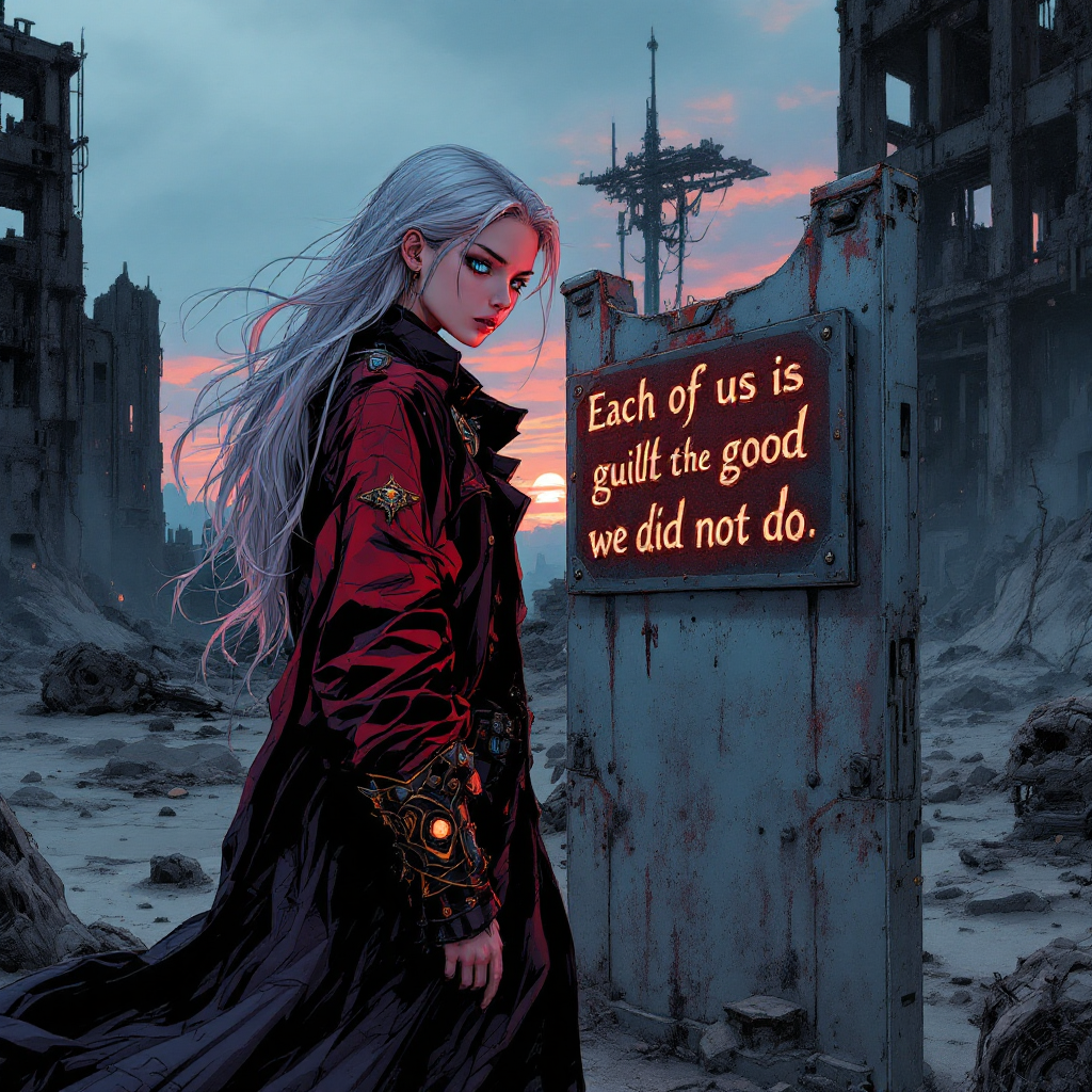 A figure in a red cloak stands in a desolate landscape, gazing at a sign that reads, Each of us is guilty of the good we did not do, with a vivid sunset in the background.