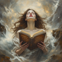 A woman with flowing hair holds an open book, surrounded by swirling clouds and a celestial background, embodying the quote about language as a uniting and dividing force.